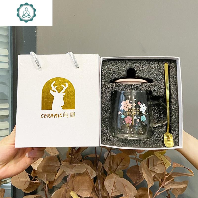 水杯女家用茶杯刻度时尚杯子可爱少女带盖带把 玻璃杯